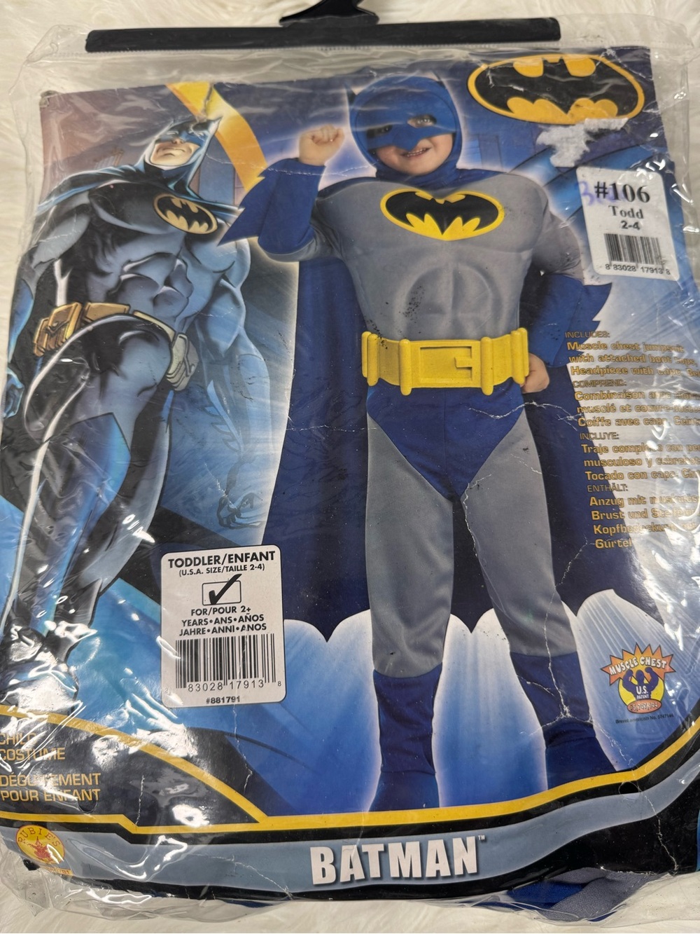 Batman Toddler Costume Size 2-4 Halloween — Gray, Blue & Yellow Logo Suit